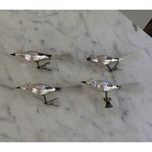 Vintage 1950's Mercury Glass Clip On BIRD ORNAMENT with Fiberglass Tail Set Of 4